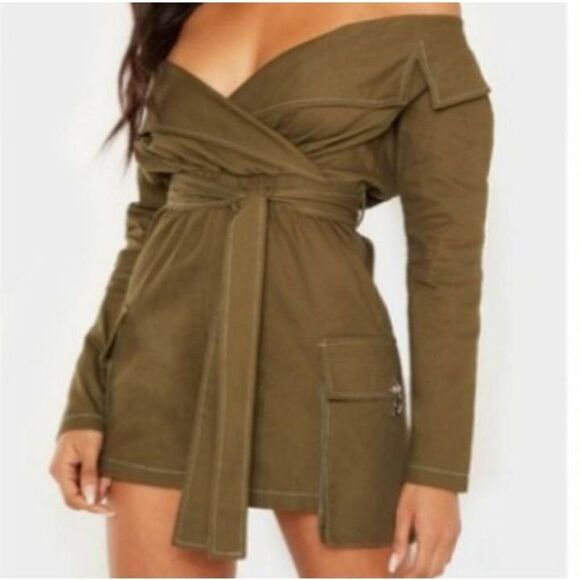 PRETTYLITTLETHING KHAKI/ARMY GREEN UTILITY TIE WAIST BARDOT ROMPER SZ.4 NWT. - Picture 2 of 11